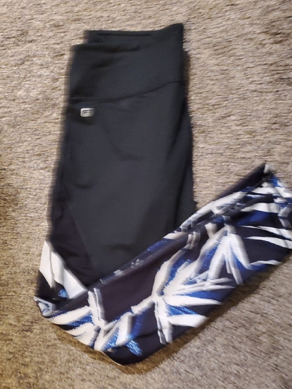 Fabletics Black Leggings with Blue White Leaf Print Accent - Picture 3 of 3